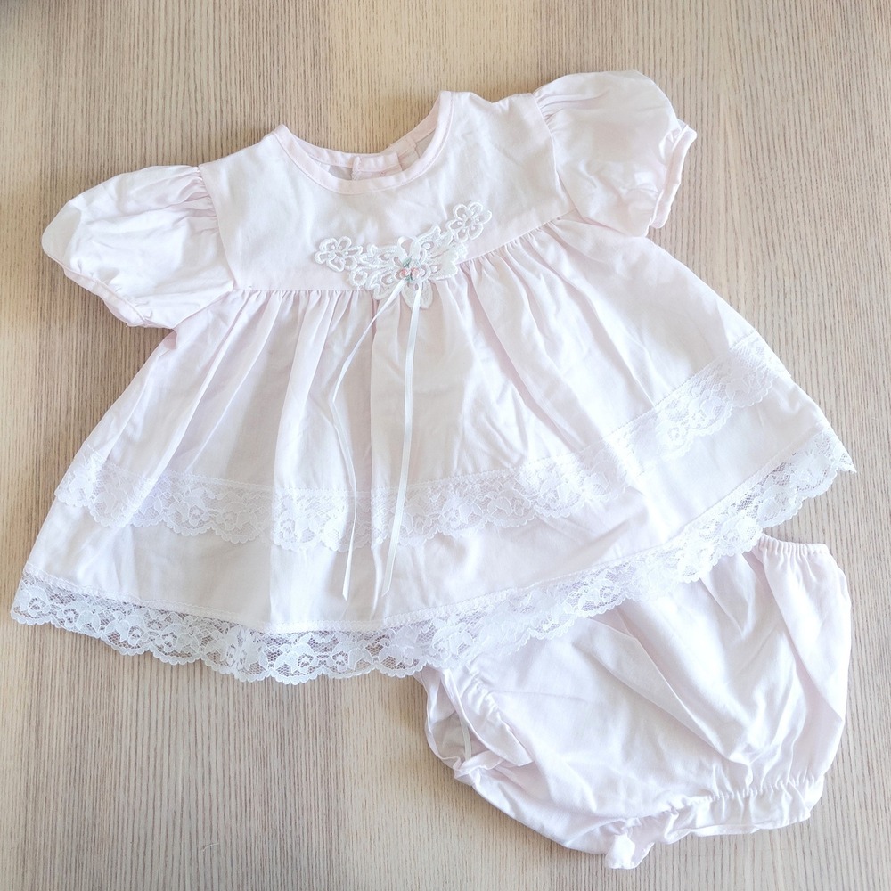 Vintage Bright Future 90s Dress Set Pink Lace Floral Baby Girl 0-3 Months